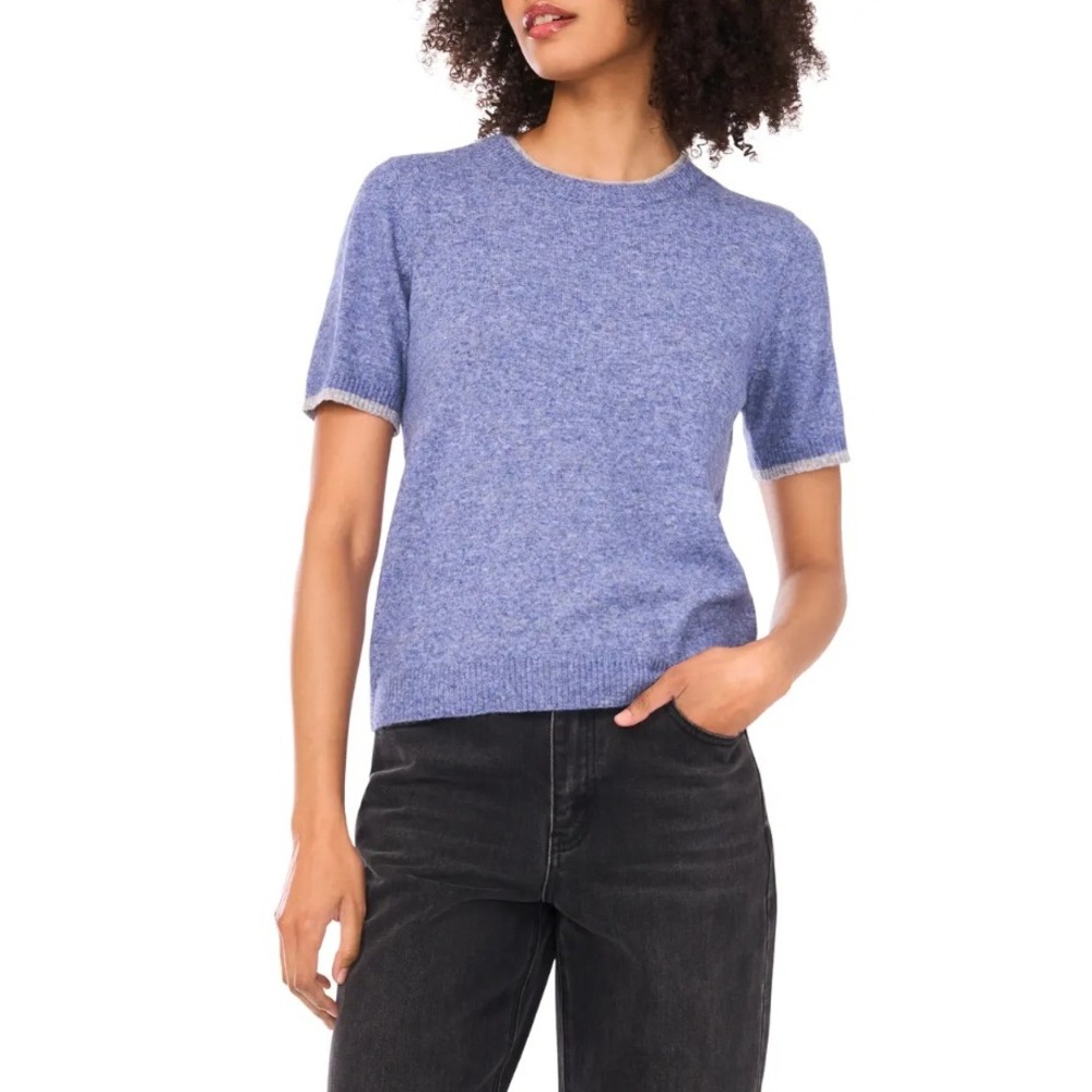 1. STATE Wool Blue Heathered Short Sleeve Double Crew Neck Knit Sweater Preppy M
